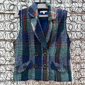 Cabi rough tweed woven plaid double breasted button front vest blue green red